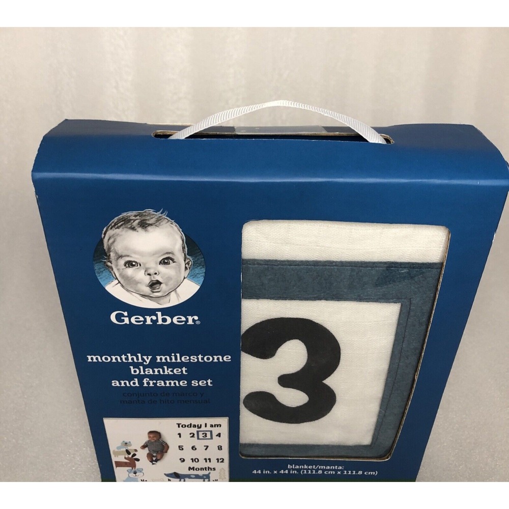Gerber Baby Boy 2 Piece Monthly Milestone Blanket And Frame Set Blue Dogs NEW - Picture 3 of 10